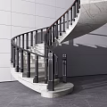 Modern Spiral Staircase With Marble Steps Black Metal Railings White Wall Gray Floor