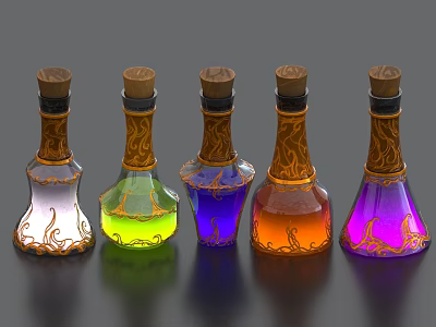 Colorful Perfume Bottles With Various Colored Liquids Golden Decorations And Cork Stoppers For Cosmetics 3d model