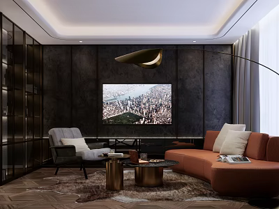 Modern Luxury Living Room Interior With Orange Sofa Coffee Tables And TV 3d model