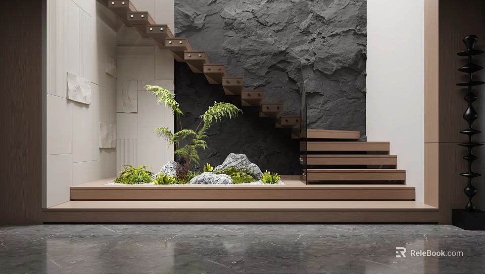 Modern Interior Staircase With Wooden Steps Black Textured Wall Plants And Decorative Rocks 3d model 
