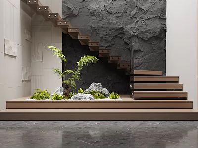 Modern Interior Staircase With Wooden Steps Black Textured Wall Plants And Decorative Rocks 3d model