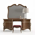 Wooden Carved Dressing Table With Large Mirror Drawers And Red Cushioned Stool