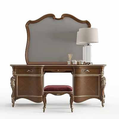 Wooden Carved Dressing Table With Large Mirror Drawers And Red Cushioned Stool 3d model