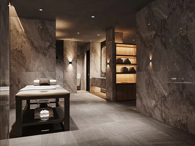 Elegant Modern SPA Sauna Interior With Marble Walls Massage Table Wooden Shelf And Soft Lighting 3d model