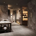 Elegant Modern SPA Sauna Interior With Marble Walls Massage Table Wooden Shelf And Soft Lighting