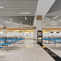 Bright Long Dining Hall With White Counters Blue Seats And Menu Screens 3d model