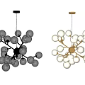 Modern Branching Chandelier Design With Black Gold Frames And Glass Globes