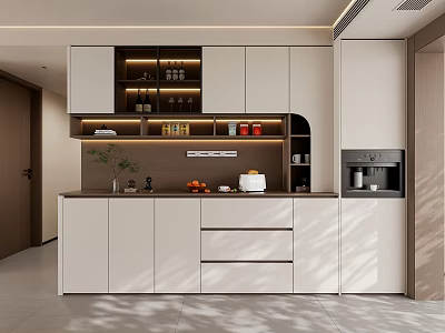 Modern White Sideboard With Drawers Open Shelves Wine Bottles Glasses Fruits And Coffee Machine 3d model
