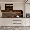 Modern White Sideboard With Drawers Open Shelves Wine Bottles Glasses Fruits And Coffee Machine