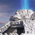 Cartoon Scene Of Futuristic Building With Blue Beam Over Water Surface And Planet