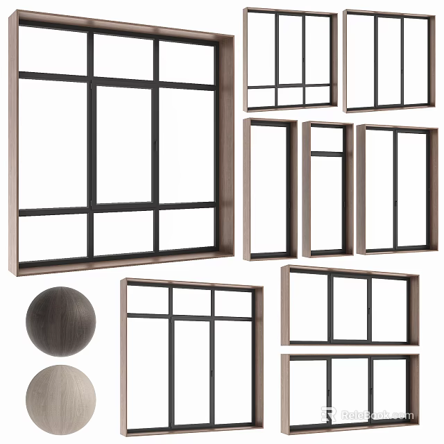 Wooden Window Frames in Various Styles with Decorative Balls and Sizes 3d model
