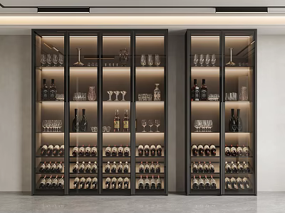 Modern Wine Cabinet With Glass Doors And Metal Frame Storing Wine Bottles And Glasses 3d model