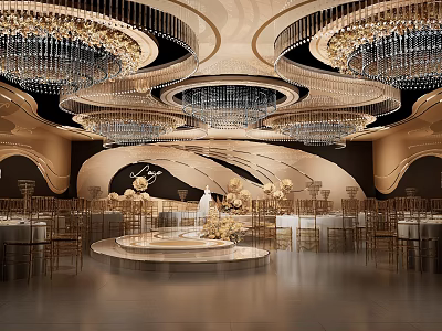 Luxurious Banquet Hall With Crystal Chandeliers Round Stage Floral Decorations Dining Tables And Gold Chairs 3d model