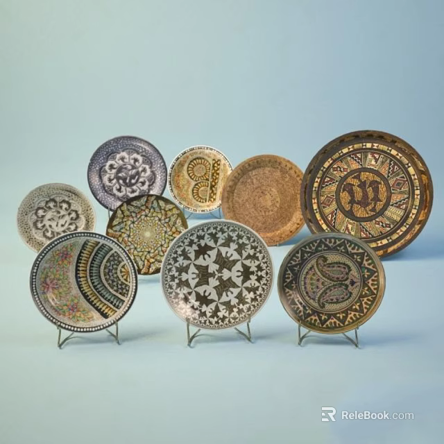Artistic Decorative Plates With Diverse Patterns And Colorful Designs On Display Stands 3d model 