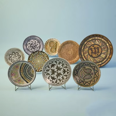Artistic Decorative Plates With Diverse Patterns And Colorful Designs On Display Stands 3d model