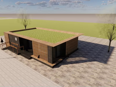 Modern Container Building With Green Roof Wooden Exterior Grassland Trees And Paved Ground 3d model