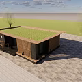 Modern Container Building With Green Roof Wooden Exterior Grassland Trees And Paved Ground