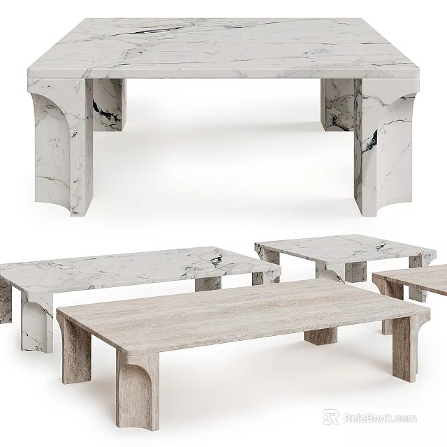 Modern Minimalist Marble Dining Table With Sleek Design And Wooden Benches 3d model 