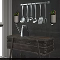 Hanging Kitchen Utensils Wall Mounted Rack Wooden Table Metal Kettle Potted Plants Concrete Wall Window