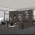 Stylish Modern Executive Office With City View Large Work Desk And Wooden Storage Cabinets