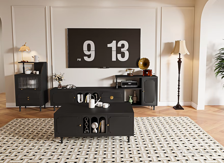 Modern Black TV Stand With Lamps And Wall Art In Living Room Setting 3d model 