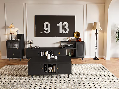 Modern Black TV Stand With Lamps And Wall Art In Living Room Setting 3d model