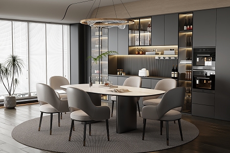 Modern Light Luxury Restaurant Marble Dining Table and Chair Combination Bar Dining Table Rock Board Dining Table Leather Dining Chair Cabinet Wine Cabinet 3d model