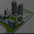 Modern High Rise Office Building Complex With Green Landscaped Area And Architectural Design