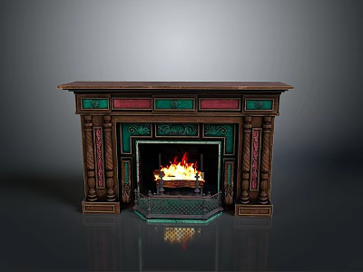 Ornate Vintage Fireplace With Green Red Brown Accents And Burning Fire Design 3d model