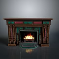 Ornate Vintage Fireplace With Green Red Brown Accents And Burning Fire Design