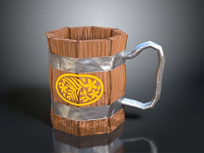 Wooden Mug With Silver Metal Bands Yellow Floral Pattern And Sturdy Handle 3d model