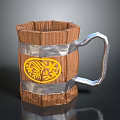 Wooden Mug With Silver Metal Bands Yellow Floral Pattern And Sturdy Handle