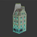 Cartoon Scene of a Multi Story Building with Red Roof White Walls and Blue Facade