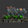 Two Armored Robots Battling Green Creatures On Rock Platform With Green Ooze