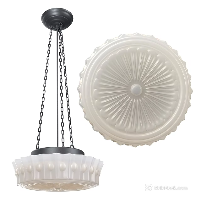 Elegant White Glass Chandelier With Radiant Pattern And Black Chain Hanging Design 3d model 