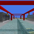 Red Pillared Corridor With Beam Structure Light Green Floor And Blue Sky 3d model