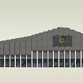 Olympic Sports Venue Exterior With Five Ring Logo And Sloped Roof Design