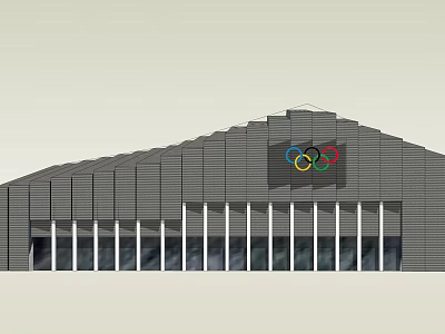 Olympic Sports Venue Exterior With Five Ring Logo And Sloped Roof Design 3d model