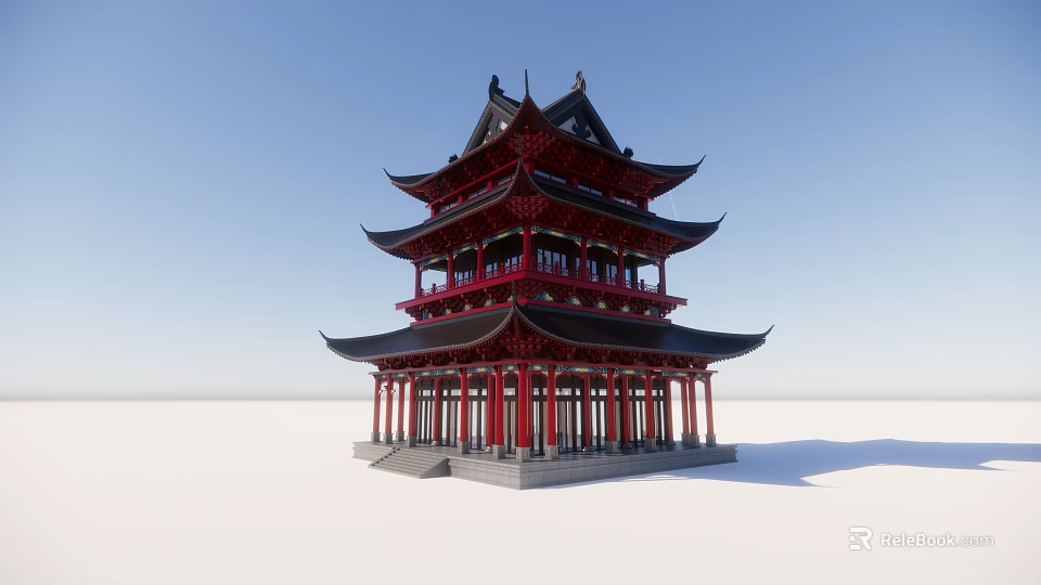 Ancient Chinese Architecture Traditional Multi Story Pagoda With Red Pillars Black Roof And Overhanging Eaves 3d model 