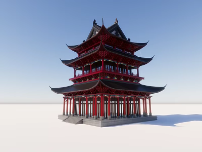 Ancient Chinese Architecture Traditional Multi Story Pagoda With Red Pillars Black Roof And Overhanging Eaves 3d model