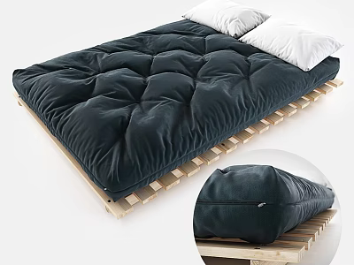Dark Green Velvet Double Bed With Diamond Stitched Mattress Wooden Slat Base And White Pillows 3d model