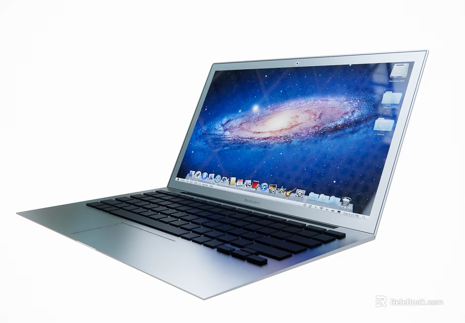 Silver Open Laptop With Galaxy Desktop Display And Black Keyboard 3d model 