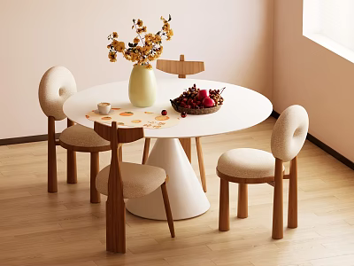 Modern Dining Table Set with Round Table Wooden Chairs Beige Cushions Vase and Fruit Bowl 3d model