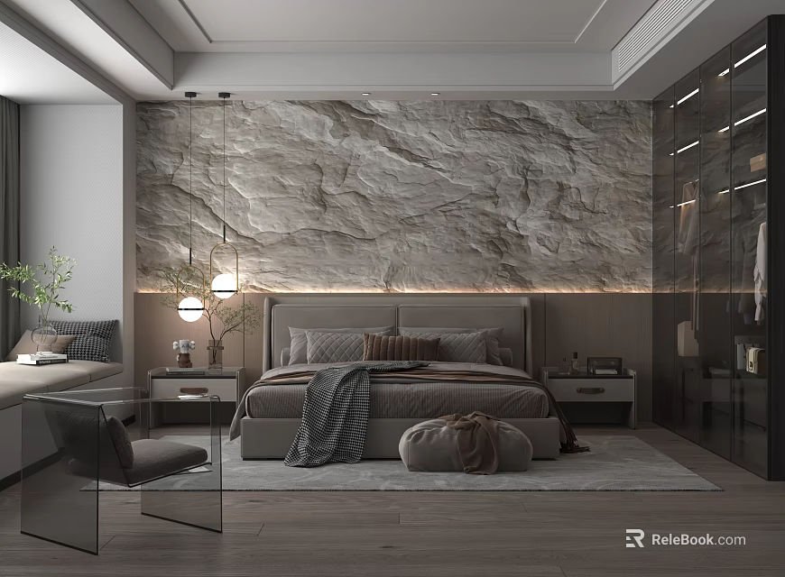 Modern Bedroom Interior With Stone Textured Accent Wall Pendant Lights Bed Nightstands Glass Wardrobe Rug 3d model 