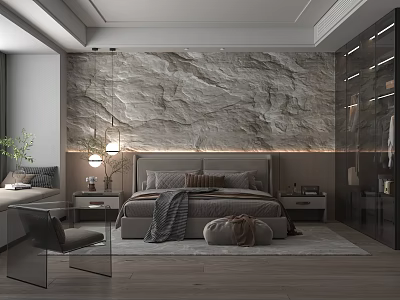 Modern Bedroom Interior With Stone Textured Accent Wall Pendant Lights Bed Nightstands Glass Wardrobe Rug 3d model