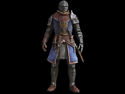 Game Movie Character In Blue And Brown Armor With Helmet Chainmail And Sword 3d model