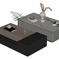 Modern Office Desk With Light Wood Dark Gray Black Surfaces Notebook Potted Plant And Magazine