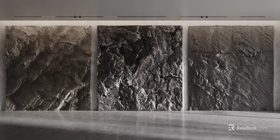 Gray Stone Textured Triptych Background Wall In Modern Minimalist Exhibition Hall 3d model 
