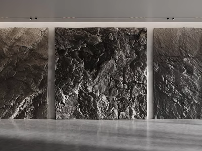 Gray Stone Textured Triptych Background Wall In Modern Minimalist Exhibition Hall 3d model