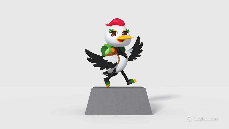 Cute Bird Doll With Red Hat White Body Black Wings Green Backpack On Gray Pedestal 3d model 